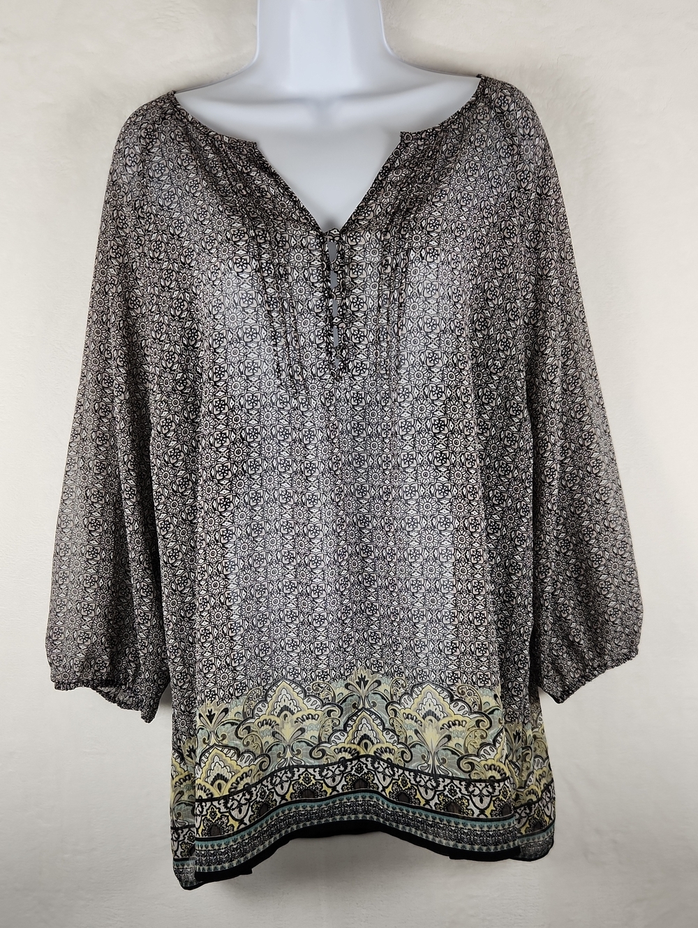 Liz Claiborne Sheer Printed Peasant Tunic 3/4th Sleeves XL Black, Cream, Yellow